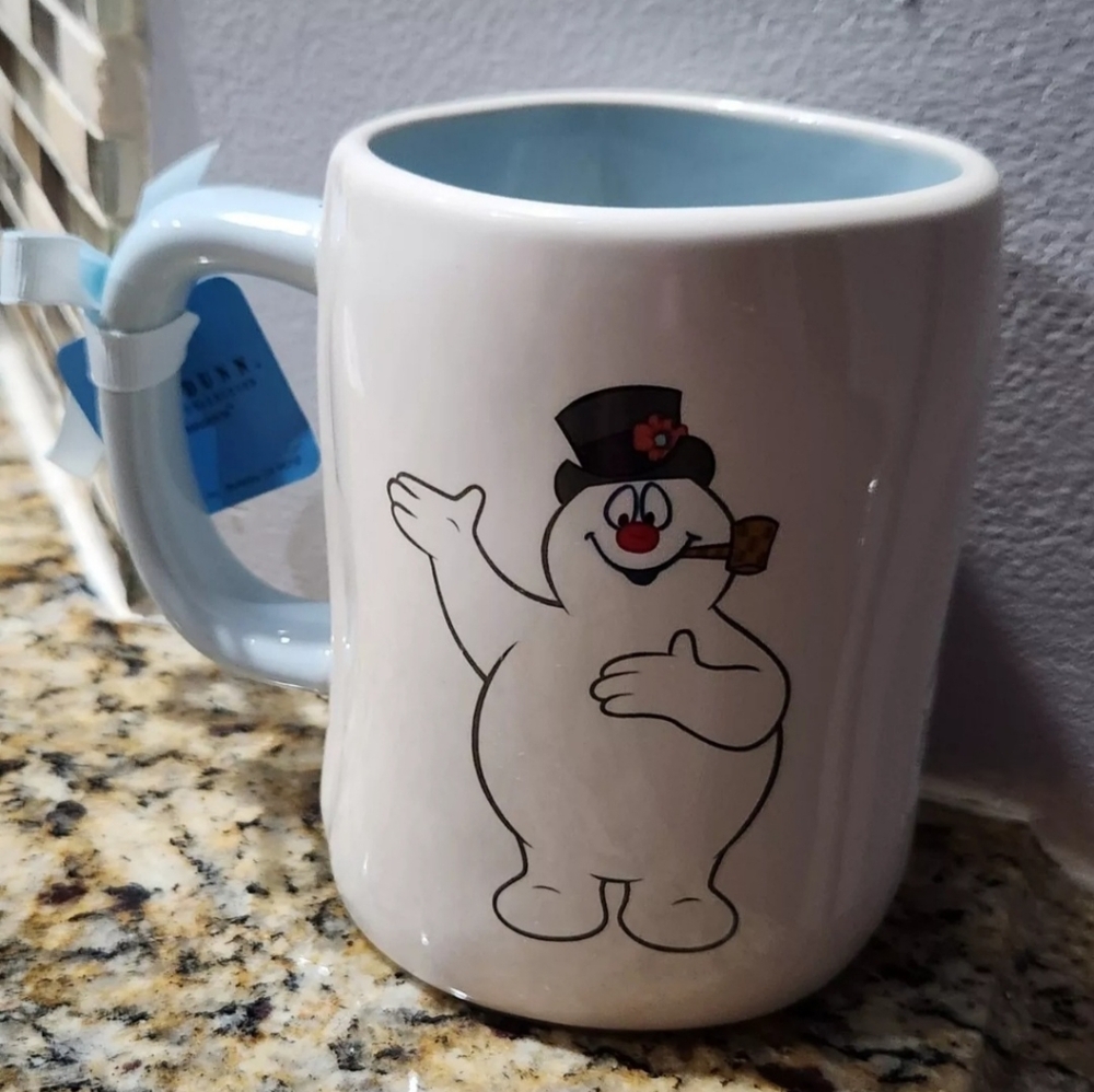 Rae Dunn Frosty The Snowman Happy Jolly Fun Double Sided Ceramic White Mug ~New